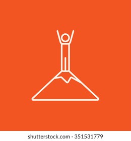 Man standing on the top of mountain line icon for web, mobile and infographics. Vector white icon isolated on red background.