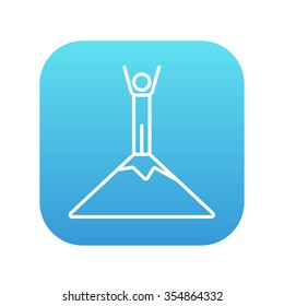 Man standing on the top of mountain line icon for web, mobile and infographics. Vector white icon on the blue gradient square with rounded corners isolated on white background.