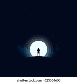 A man standing on top of the mountain at night background, vector illustration
