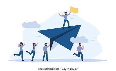 Man standing on top of paper airplane, holding flag and looking up at sky with confident expression. Paper airplane flying high above a people, with clouds on background. Vector business illustration 