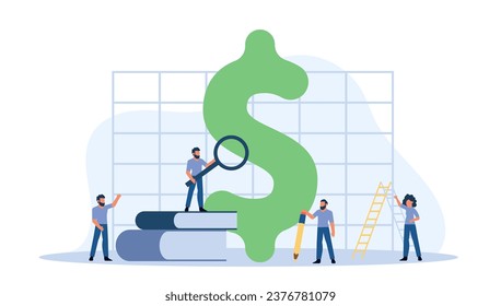 Man standing on top of stack of books, looking up at dollar sign through a magnifying glass. Symbolizes the pursuit of knowledge and wealth, and importance of hard work. Vector illustration