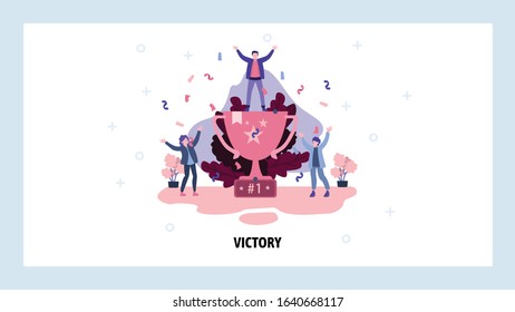 Man standing on a top of trophy celebrating victory. Business success concept. Award winner celebrates with his team. Vector web site design template. Landing page website illustration