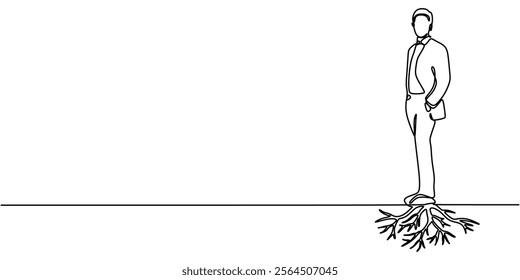 A man standing on tree roots in continuous one line drawing. Depicting strength, stability, and connection to nature. Vector illustration hand drawn.