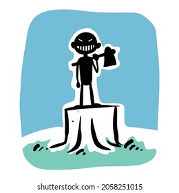 A man standing on a tree stump with axe illustration