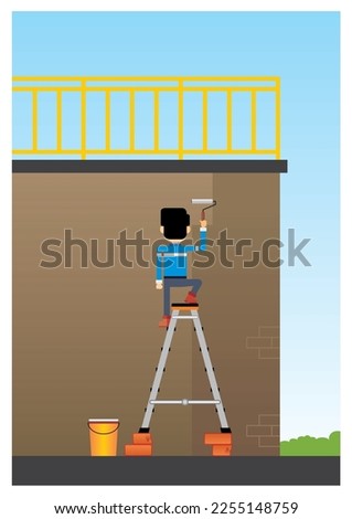 Man standing on uppermost ladder for painting the wall illustration. Colorful cartoon character. Workplace unsafe act poster. Safety education to prevent accident. Work at height and fall hazard. Stockfoto © 