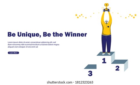 El hombre de pie en la victoria está solo con la copa ganadora por su singularidad. Ilustración vectorial de caricatura lisa y plana. La plantilla se puede utilizar para el diseño web y de aplicaciones y otros fines adecuados