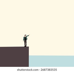 Homem de pé no ponto de vista apontando o dedo para o belo céu com vista para o mar. Viagens turísticas em férias de férias.