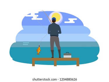 Man standing on wooden pier with tackle box. Person wearing waders high wellingtons. Fisherman catching fish watching sun in sky vector illustration