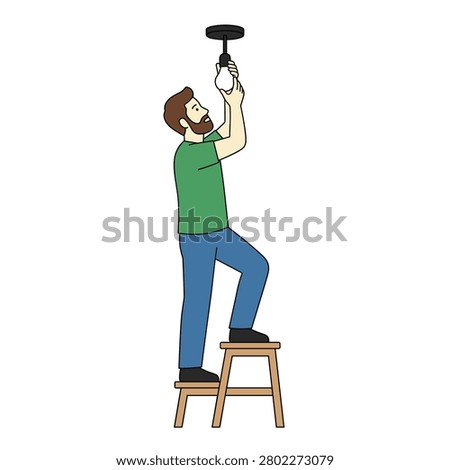 Man standing on a wooden stool changing a light bulb. Flat illustration of a bearded man in a green shirt and blue pants standing on a wooden stool to replace a light bulb. Ideal for DIY home improvement blogs and maintenance services.