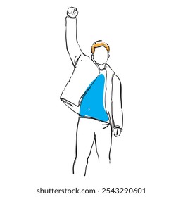 Hombre de pie con una mano derecha ilustración de arte de línea levantada