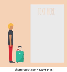 a man standing with one suitcase in vacation. 1 luggage male vector illustration. big baggage or bag on flat design background. a boy in holiday summer & tag name Travel & space for text