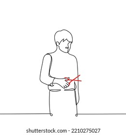 Man Standing With Open Scissors - One Line Drawing Vector. Concept Buying New Scissors, Cutting Off Excess Or A Metaphor To Cut Off Or Get Rid Of The Past