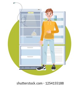 Man standing at opened empty fridge. Sad hungry adult without food. Vector illustration in cartoon style