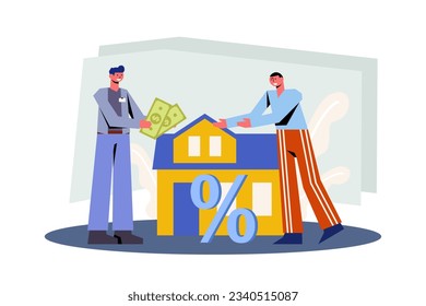 Man standing opposite bank worker and take home loan. Bank loan to buy valuables concept. Get fast money concept. Bank-provided funding for credit and loan. Flat vector illustration in blue colors