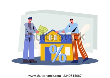 Man standing opposite bank worker and take home loan. Bank loan to buy valuables concept. Get fast money concept. Bank-provided funding for credit and loan. Flat vector illustration in blue colors