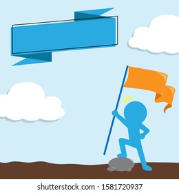 Man standing with orange flag on the ground Blue background and clouds.Meaning successful people.