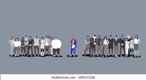 man standing out from crowd businesspeople silhouettes different individuality leadership concept colorful male cartoon character full length sketch doodle horizontal