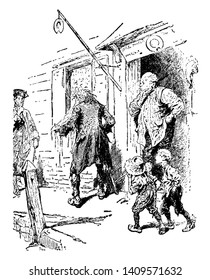 A man standing outside the store and looking at men and boys walking on road, vintage line drawing or engraving illustration