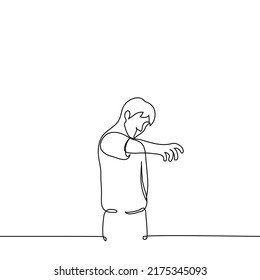 hombre de pie con la mano extendida y la palma hacia abajo, sus dedos se extendieron como si quisiera agarrar algo - un vector de dibujo de una línea. deseo de concepto o sueño