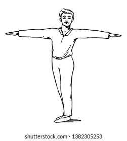 A man is standing & outstretched his arms to horizontally side, vintage line drawing or engraving illustration.