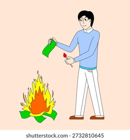 A man is standing over a fire with a green bill in his hand. Concept of danger and recklessness, as the man is playing with fire and risking his safety