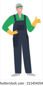 A man is standing in overalls. Cleaning agency employee Cleaning service. Show gesture OK and super. Flat vector illustration