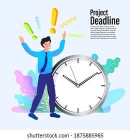 A man standing in panic and a big watch. Concept of project deadline, effective project time planning and management. 