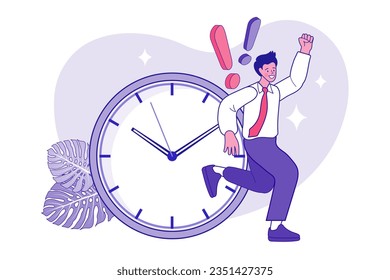 A man standing in panic and a big watch. Concept of project deadline, effective project time planning and management. time management concept. Efficiency in business. work productivity. time limit.