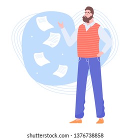 A man is standing. Papers are flying. Work with documents, conclusion of contracts. Vector illustration.