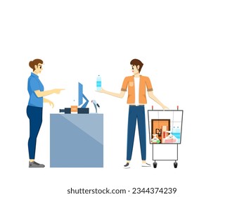 man standing and paying for purchases In front of the cashier at the counter in the supermarket. men who is shopping for fruit, food, and groceries add to cart in the supermarket. Vector cartoon life
