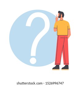 Man standing in pensive pose near giant question mark. FAQ concept. Flat vector illustration