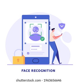 Man standing with a phone, identifies a face. Concept of facial recognition, face ID system, biometric identification. Vector Illustration in flat design for mobile app