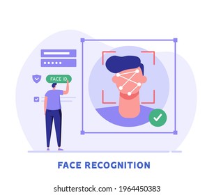 Man standing with a phone, identifies a face. Concept of facial recognition, face ID system, biometric identification. Vector Illustration in flat design for mobile app