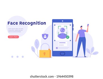 Man standing with a phone, identifies a face. Concept of facial recognition, face ID system, biometric identification. Vector Illustration in flat design for mobile app