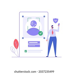 Man standing with a phone, identifies a face. Concept of facial recognition, face ID system, biometric identification. Vector Illustration in flat design for mobile app