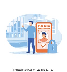 Man standing with a phone, identifies a face. Concept of facial recognition, face ID system, biometric identification. lat vector modern illustration 