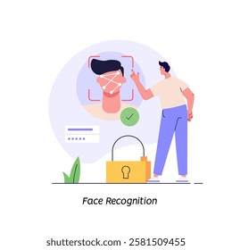 Man standing with a phone, identifies a face. Concept of facial recognition, face ID system, biometric identification. Vector Illustration in flat design for mobile app