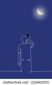 man standing with phone photographing crescent moon - one line drawing vector. concept of night photography, mobile photography, photo of the moon