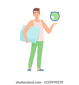 Man is standing with a pillow and a clock. Vector illustration.