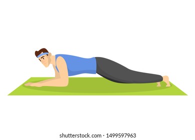 Man standing in plank position, ABS exercise. Athlete in the gym doing sport workout. Isolated vector illustration in cartoon style