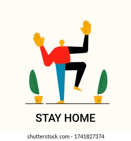 Hombre parado con plantas aisladas ilustraciones vectoriales. El concepto de "quedarse en casa". Ilustración de estilo plano vectorial aislado de pie de hombre. Concepto de autoaislamiento. Concepto de cuarentena
