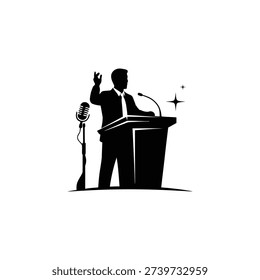 Man standing at podium giving speech with raised hand and microphone nearby in a public speaking event