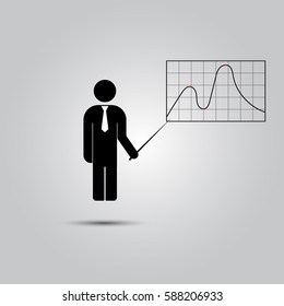 Man standing with pointer icon. Scheme and Diagram symbol. Presentation sign.