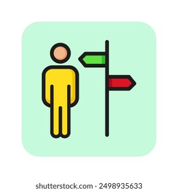 Man standing at pointer line icon. Direction, road sign, choice. Guide concept. Vector illustration can be used for topics like navigation, travel, destination