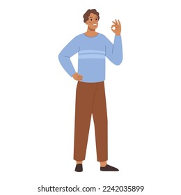 Man standing and pointing by hand ok sign, approved hand gesture. Promotion and advertisement concept. Male introducing product with hand gesture. Cartoon guy show or announce something