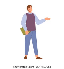 Man standing and pointing by hand, presentation. Promotion and advertisement concept. Male with folder pointing, introducing product with hand gesture. Cartoon guy shows or announce something