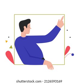 Man standing and pointing at square shape. Young boy learning geometrical forms cartoon vector illustration