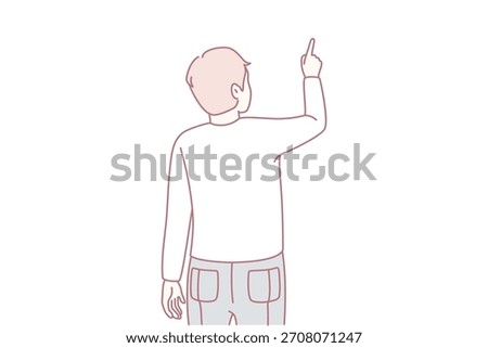 Man standing pointing at wall, gesturing toward imagined chart, assertive posture captured in minimal line art, back view with jeans and pocket detail, leadership and strategy concept,