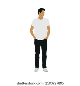 man standing pose with white t shirt and black pants, editable vector 