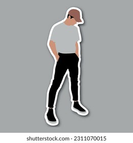 man standing pose with white t-shirt and black pants, editable vector